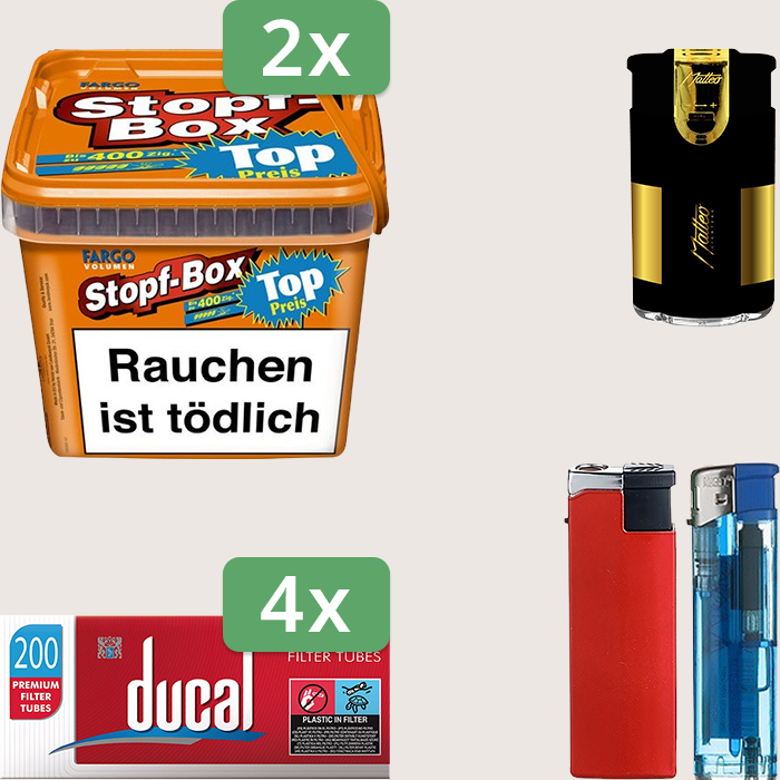 Fargo Stopfbox 2 x 155 g Sparpaket mit 800 Ducal Hülsen und Feuerzeugset