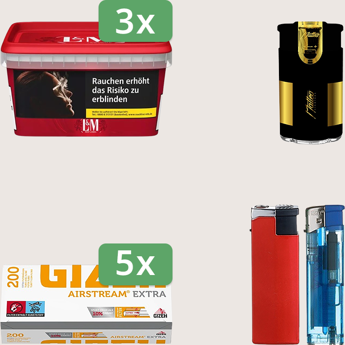 L&M Red 3 x 129 g Sparpaket mit 1.000 Gizeh Airstream Extra Hülsen und Feuerzeugset