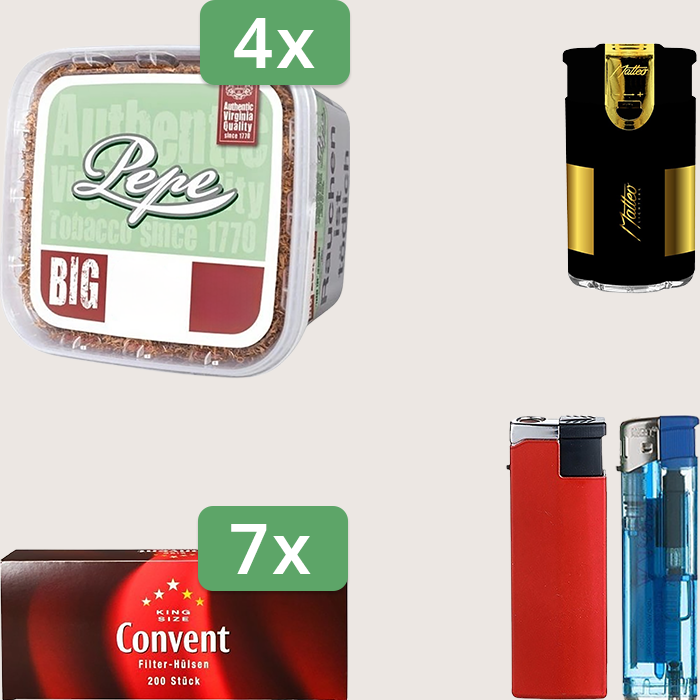 Pepe Bright Green 4 x 170 g Sparpaket mit 1.400 Convent Hülsen und Feuerzeugset