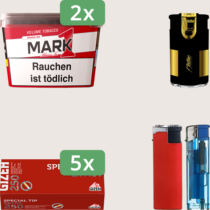 Mark 1 - 2 x 255 g Sparpaket mit 1.250 Gizeh Special Tip Extra Hülsen und Feuerzeugset