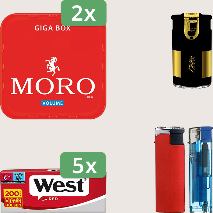 Moro Red 2 x 245 g Sparpaket mit 1.000 West Red Hülsen und Feuerzeugset