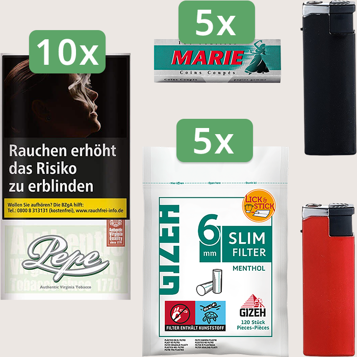 Pepe Fine Green 10 x 30 g Sparpaket mit 500 Marie Blättchen und 600 Gizeh Slim Filter Menthol