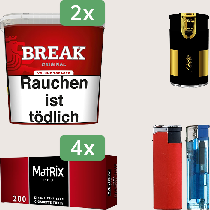 Break Original 2 x 195 g Sparpaket mit 800 Matrix Red Hülsen und Feuerzeugset