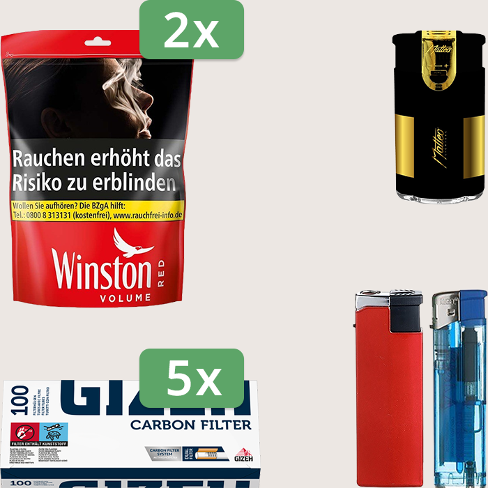 Winston Red 2 x 105 g Sparpaket mit 500 Gizeh Carbon Hülsen und Feuerzeugset
