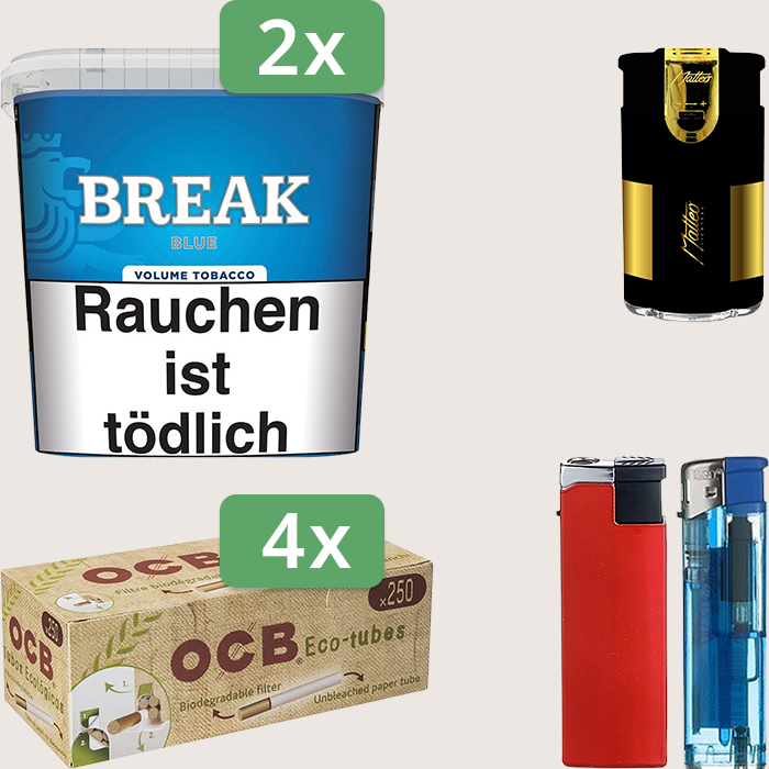 Break Blue 2 x 195 g Sparpaket mit 800 OCB Organic Hülsen und Feuerzeugset