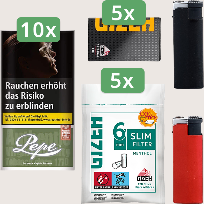 Pepe Rich Green 10 x 30 g Sparpaket mit 500 Gizeh Black Original Magnet Blättchen und 600 Gizeh Slim Filter Menthol