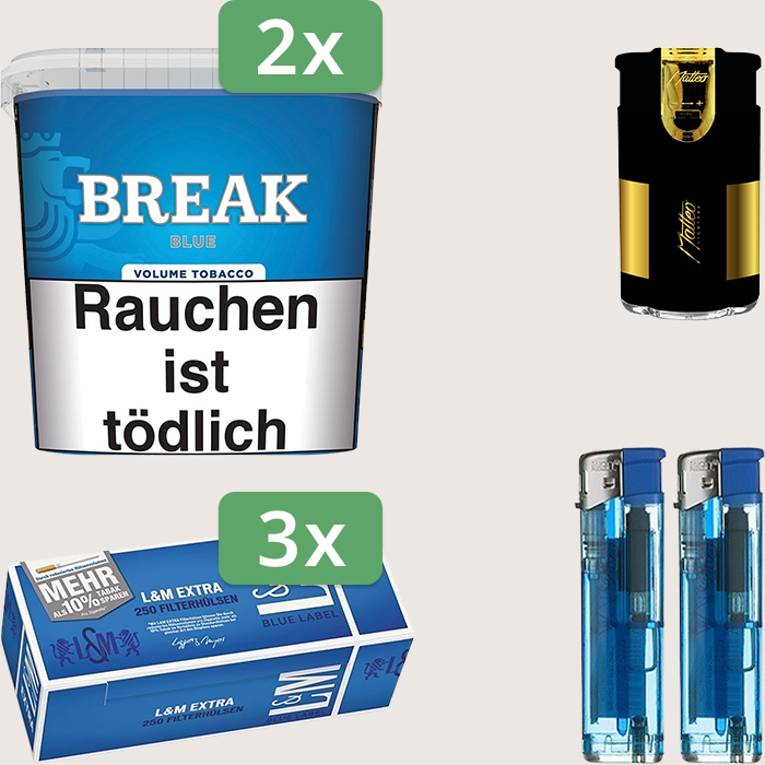 Break Blue 2 x 185 g Sparpaket mit 750 L&M Extra Blue Label Hülsen und Feuerzeugset