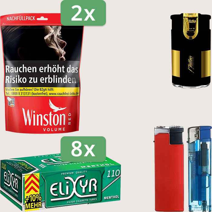 Winston Red 2 x 205 g Sparpaket mit 880 Elixyr Energy + Menthol Hülsen und Feuerzeugset