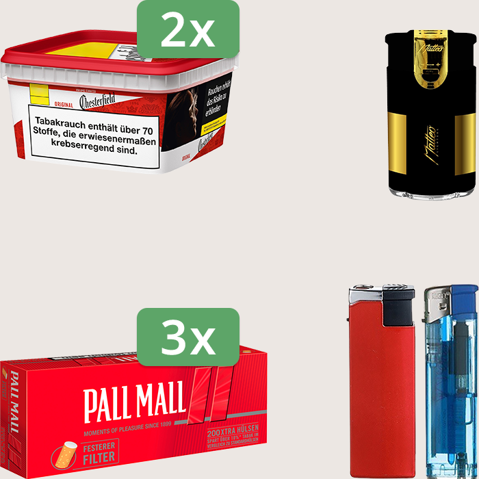 Chesterfield Original Red 2 x 135 g Sparpaket mit 600 Pall Mall Red Xtra Hülsen und Feuerzeugset