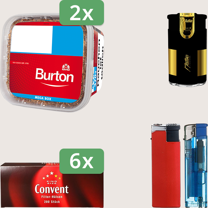 Burton Full Red 2 x 270 g Sparpaket mit 1.200 Convent Hülsen und Feuerzeugset