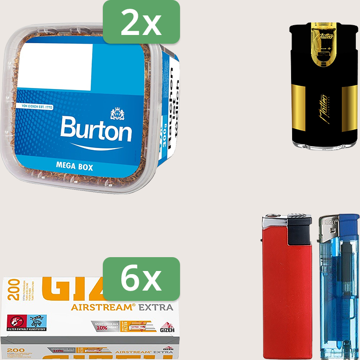 Burton Blue 2 x 270 g Sparpaket mit 1.200 Gizeh Airstream Extra Hülsen und Feuerzeugset