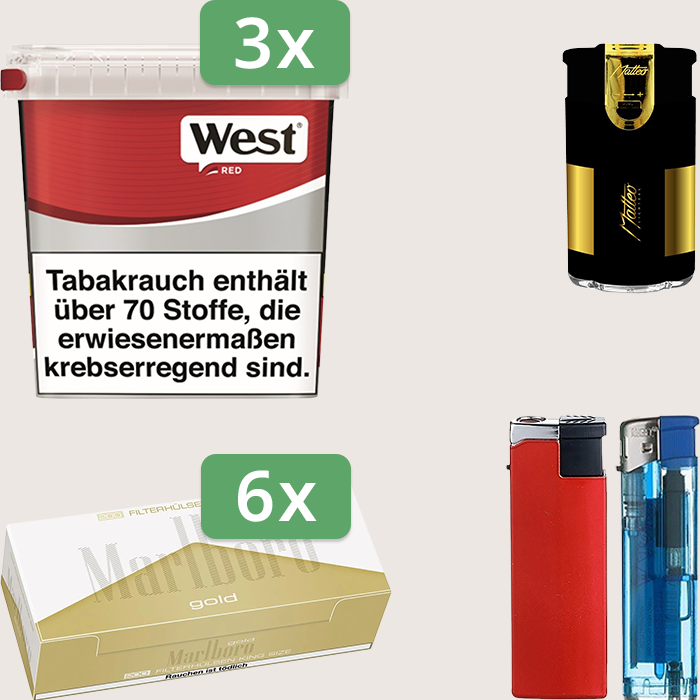 West Red 3 x 170 g Sparpaket mit 1.200 Marlboro Gold Hülsen und Feuerzeugset