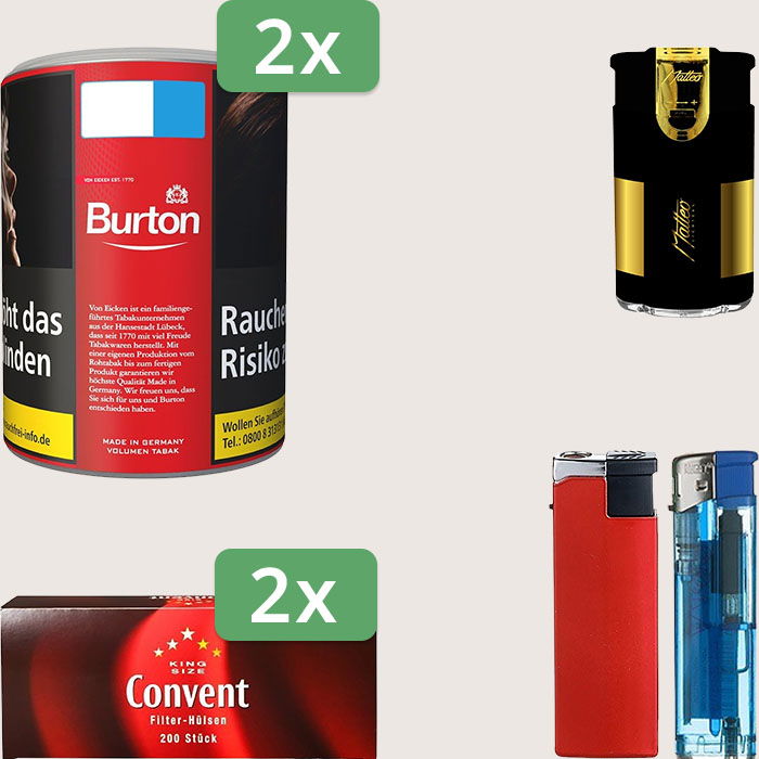 Burton Full Red 2 x 65 g Sparpaket mit 400 Convent Hülsen und Feuerzeugset