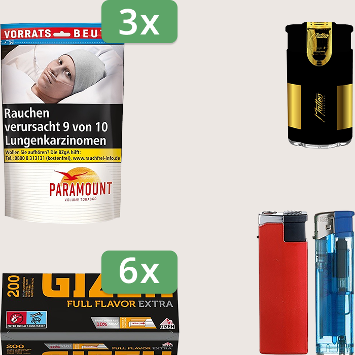 Paramount 3 x 185 g mit 1.200 Gizeh Full Flavor Extra Hülsen und Feuerzeugset