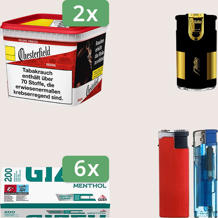 Chesterfield Original Red 2 x 245 g Sparpaket mit 1.200 Gizeh Menthol Hülsen und Feuerzeugset