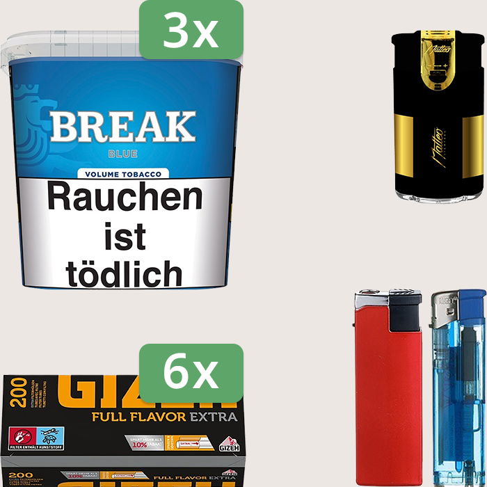 Break Blue 3 x 185 g Sparpaket mit 1.200 Gizeh Full Flavor Extra Hülsen und Feuerzeugset Break Blue 3 x 185 g Sparpaket mit 1.200 Gizeh Full Flavor Extra Hülsen und Feuerzeugset