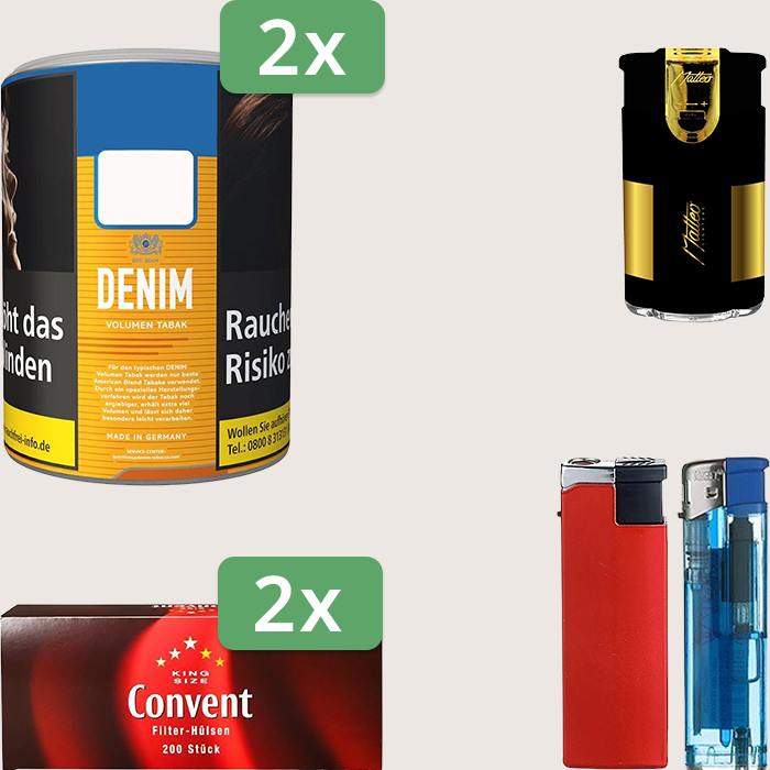 Denim Classic 2 x 65 g Sparpaket mit 400 Convent Hülsen und Feuerzeugset