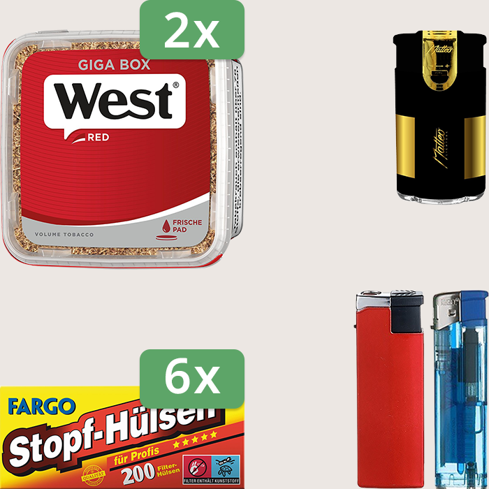 West Red 2 x 280 g Sparpaket mit 1.200 Fargo Stopfhülsen und Feuerzeugset