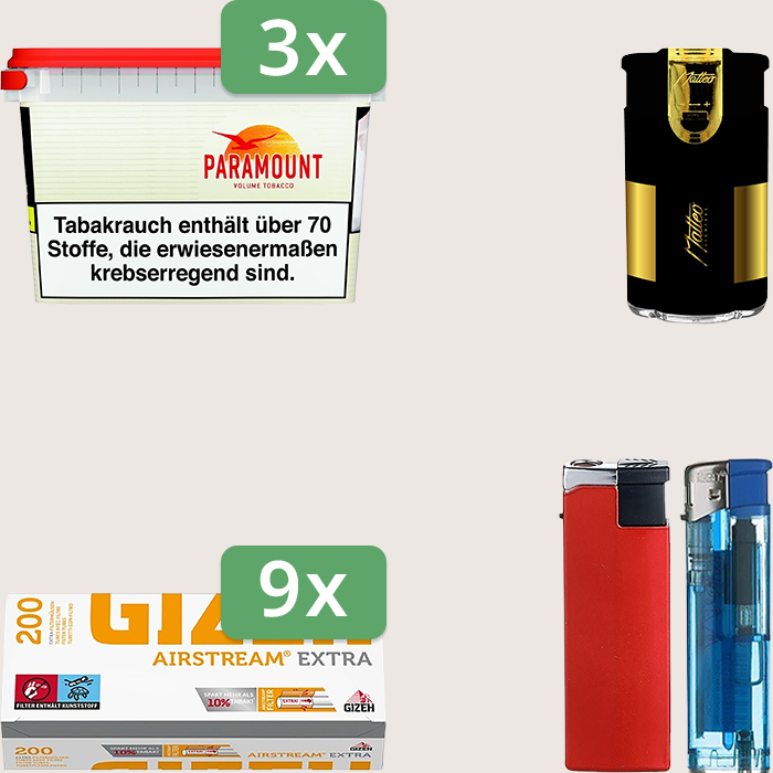 Paramount 3 x 230 g Sparpaket mit 1.800 Gizeh Airstream Extra Hülsen und Feuerzeugset Paramount 3 x 230 g Sparpaket mit 1.800 Gizeh Airstream Extra Hülsen und Feuerzeugset