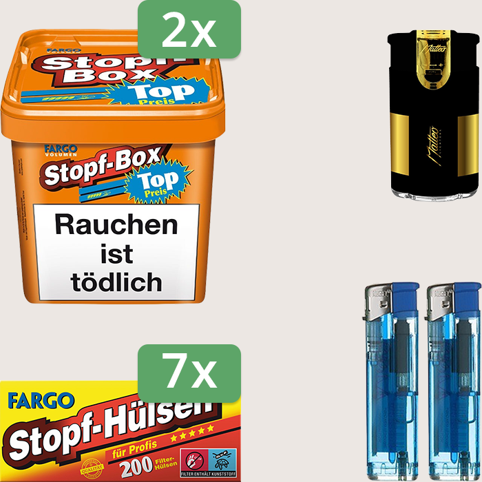 Fargo Stopfbox 2 x 400 g Sparpaket mit 1.400 Fargo Stopfhülsen und Feuerzeugset