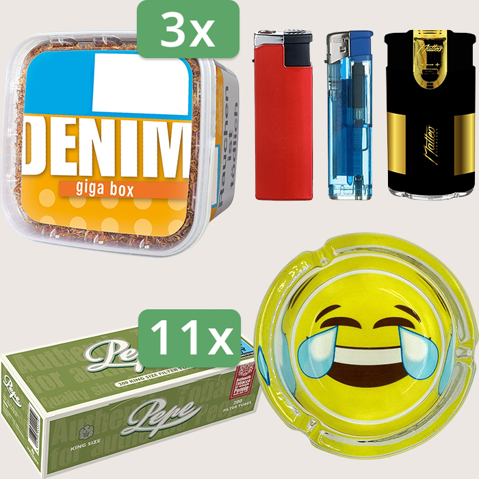 Denim Classic 3 x 315 g Sparpaket mit 2.200 Pepe Hülsen und Aschenbecher Denim Classic 3 x 315 g Sparpaket mit 2.200 Pepe Hülsen und Aschenbecher