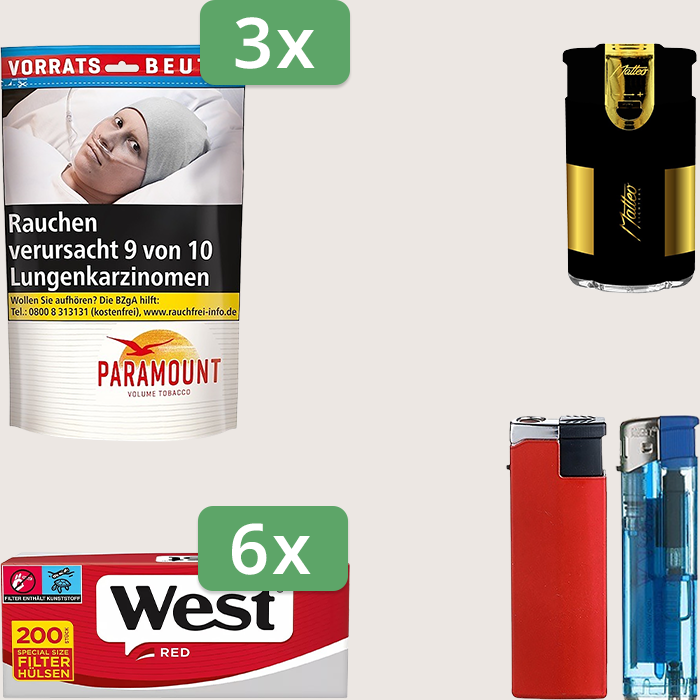 Paramount 3 x 170 g Sparpaket mit 1.200 West Red King Hülsen und Feuerzeugset
