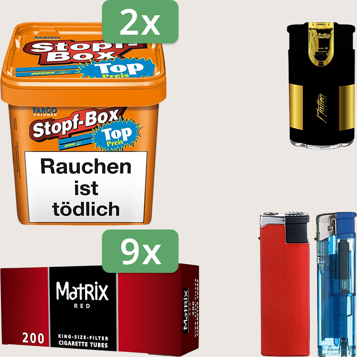 Fargo Stopfbox 2 x 420 g Sparpaket mit 1.800 Matrix Red Hülsen und Feuerzeugset