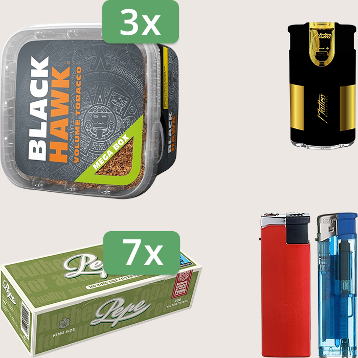 Black Hawk 3 x 230 g mit 1.400 Pepe Hülsen und Feuerzeugset