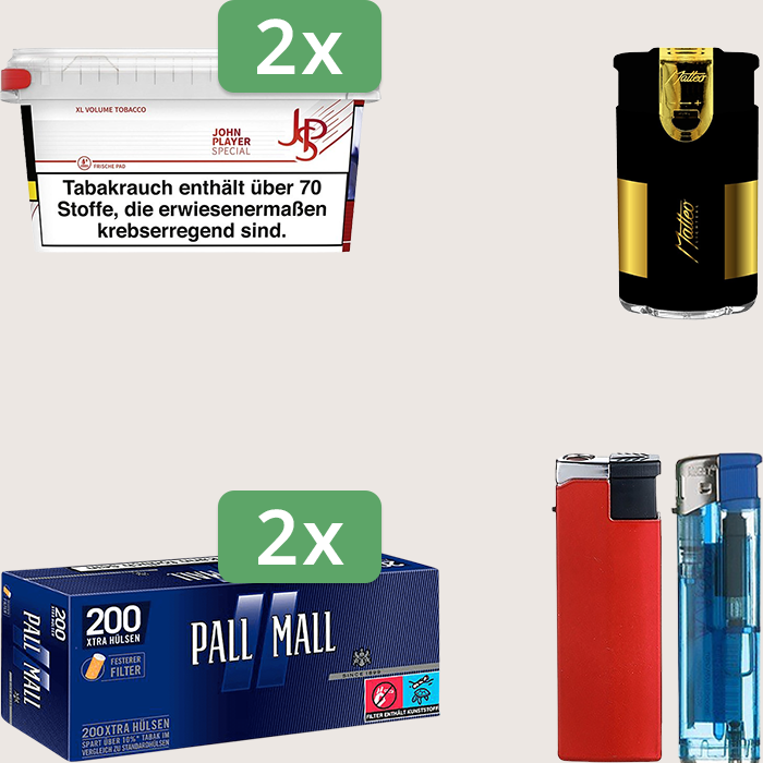 JPS Red 2 x 100 g Sparpaket mit 400 Pall Mall Blue Xtra Hülsen und Feuerzeugset