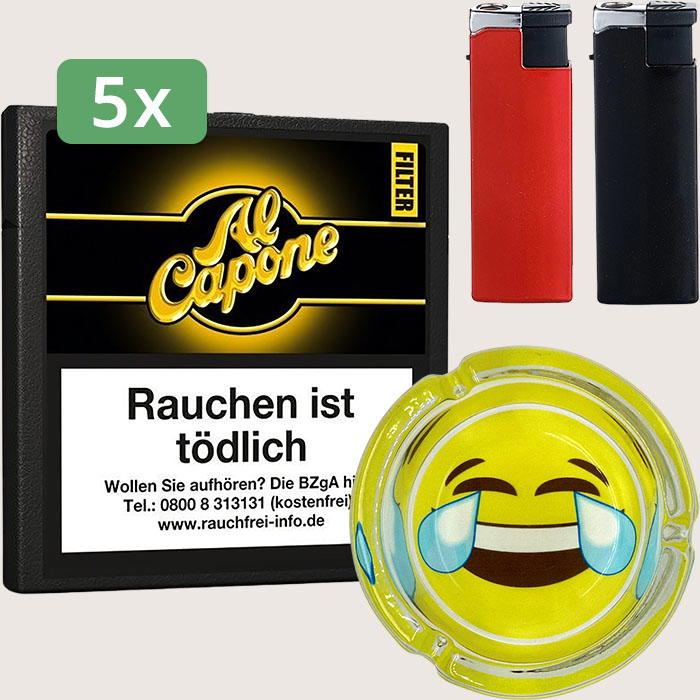 Al Capone Cigarillos Filter 5 x 4,35 € Sparpaket mit 50 Zigarillos, Aschenbecher und Feuerzeugset Al Capone Cigarillos Filter 5 x 4,35 € Sparpaket mit 50 Zigarillos, Aschenbecher und Feuerzeugset