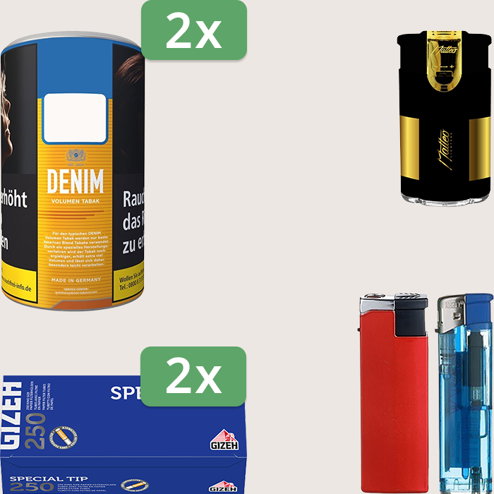 Denim Classic 2 x 90 g mit 500 Gizeh Special Tip Hülsen und Feuerzeugset