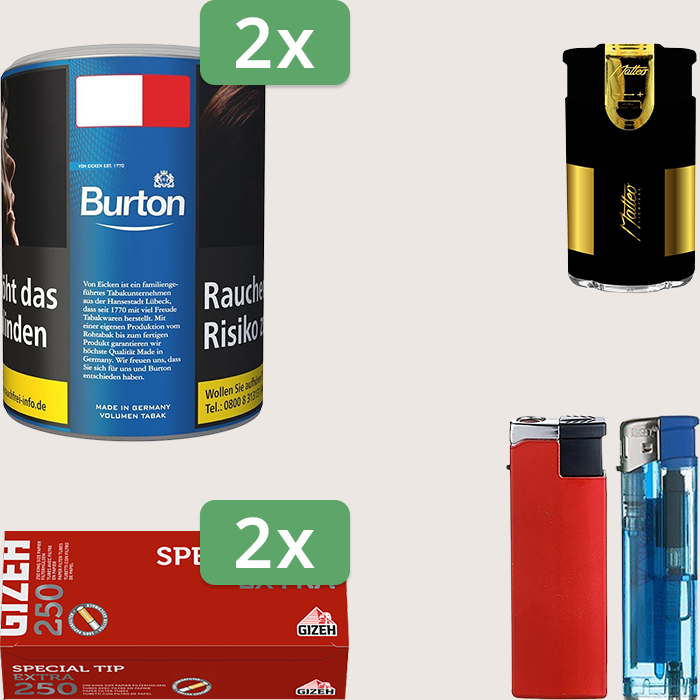 Burton Blue 2 x 65 g Sparpaket mit 500 Gizeh Special Tip Extra Hülsen und Feuerzeugset