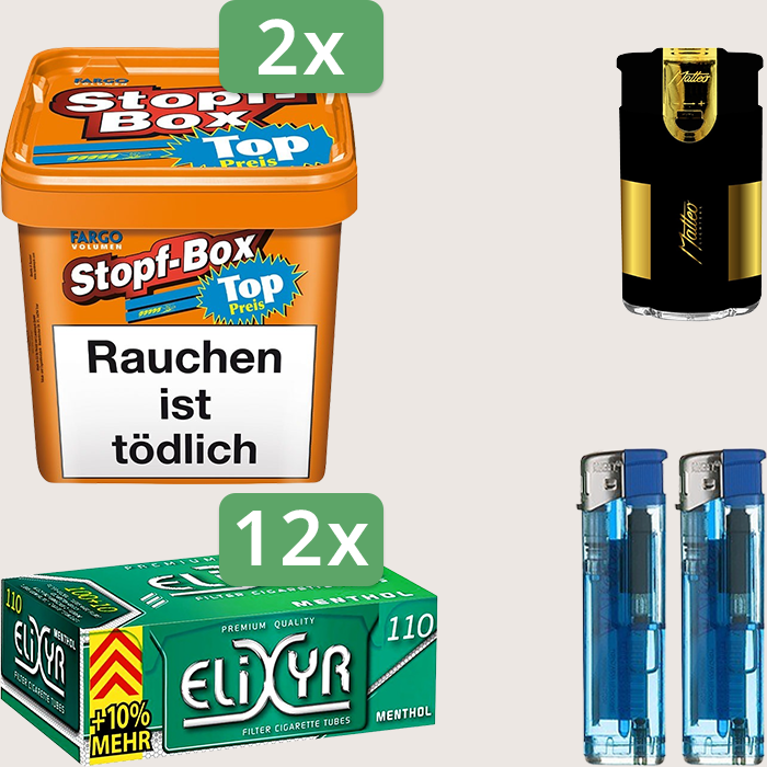 Fargo Stopfbox 2 x 400 g Sparpaket mit 1.320 Elixyr Energy+ Menthol Hülsen und Feuerzeugset