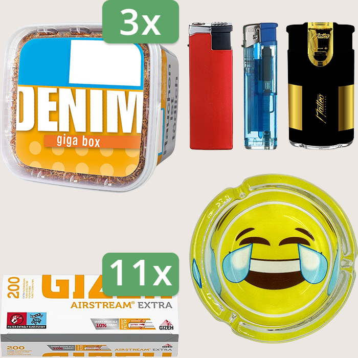 Denim Classic 3 x 315 g Sparpaket mit 2.200 Gizeh Airstream Extra Hülsen und Aschenbecher