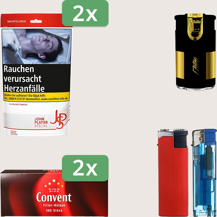 JPS Red 2 x 85 g Sparpaket mit 400 Convent Hülsen und Feuerzeugset