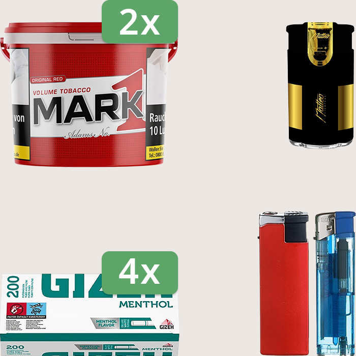 Mark 1 - 2 x 190 g Sparpaket mit 800 Gizeh Menthol Hülsen und Feuerzeugset