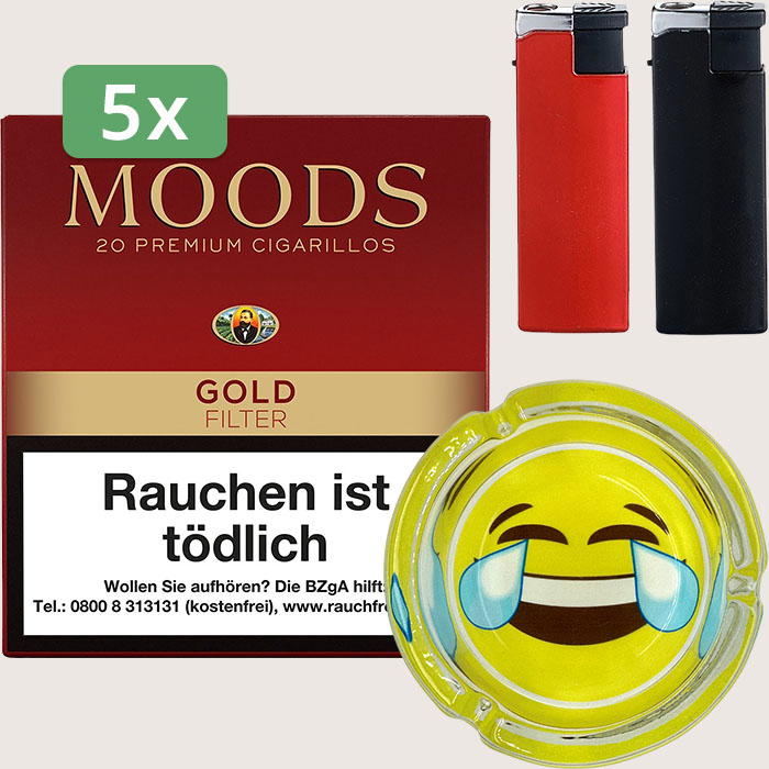 Dannemann Moods Gold Filter 5 x 8,24 € Sparpaket mit 100 Zigarillos, Aschenbecher und Feuerzeugset Dannemann Moods Gold Filter 5 x 8,24 € Sparpaket mit 100 Zigarillos, Aschenbecher und Feuerzeugset