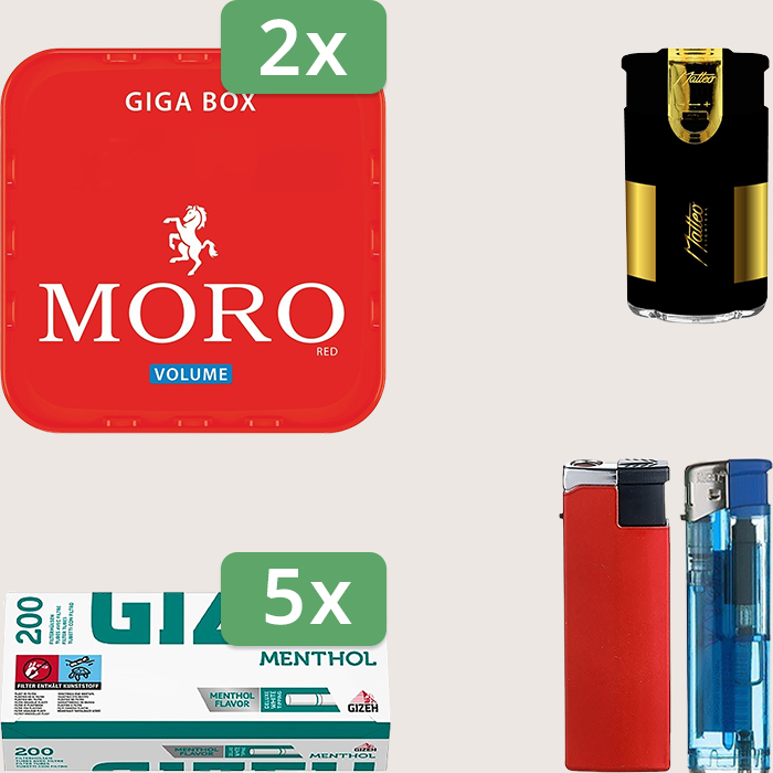 Moro Red 2 x 245 g Sparpaket mit 1.000 Gizeh Menthol Hülsen und Feuerzeugset