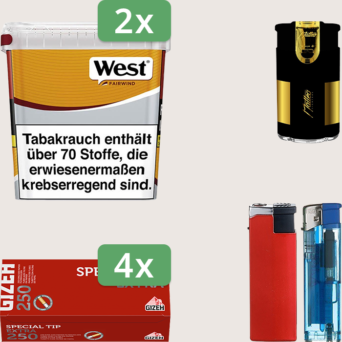 West Yellow 2 x 235 g Sparpaket mit 1.000 Gizeh Special Tip Extra Hülsen und Feuerzeugset