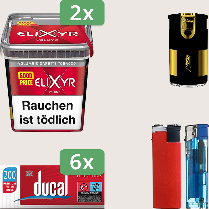 Elixyr Red 2 x 260 g Sparpaket mit 1.200 Ducal Hülsen und Feuerzeugset