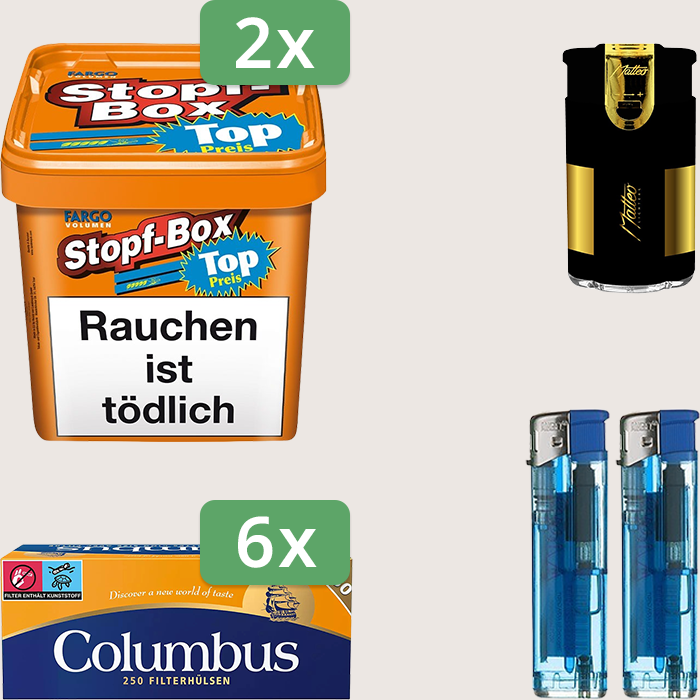 Fargo Stopfbox 2 x 400 g Sparpaket mit 1.500 Columbus Hülsen und Feuerzeugset