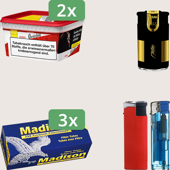 Chesterfield Original Red 2 x 144 g Sparpaket mit 750 Madison Hülsen und Feuerzeugset