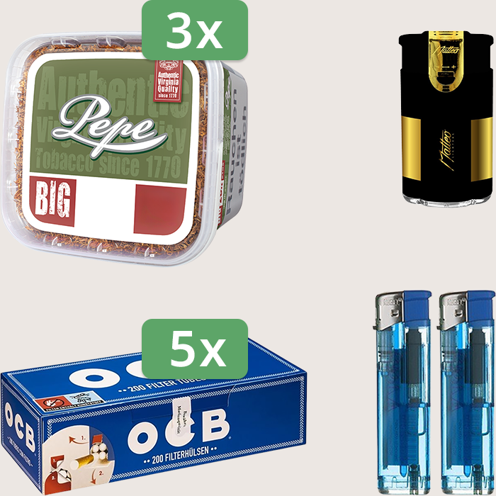 Pepe Rich Green 3 x 170 g Sparpaket mit 1.000 OCB Hülsen und Feuerzeugset
