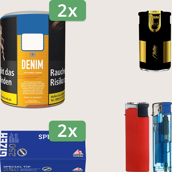 Denim Classic 2 x 65 g Sparpaket mit 500 Gizeh Special Tip Hülsen und Feuerzeugset
