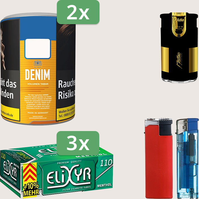 Denim Classic 2 x 65 g Sparpaket mit 330 Energy+ Menthol Hülsen und Feuerzeugset