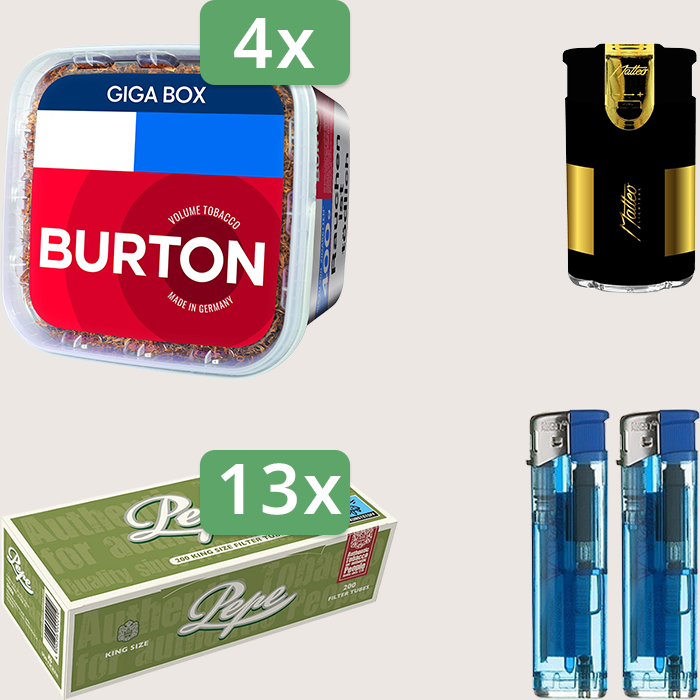 Burton Full Red 4 x 400 g Sparpaket mit 2.600 Pepe Hülsen und Feuerzeugset Burton Full Red 4 x 400 g Sparpaket mit 2.600 Pepe Hülsen und Feuerzeugset