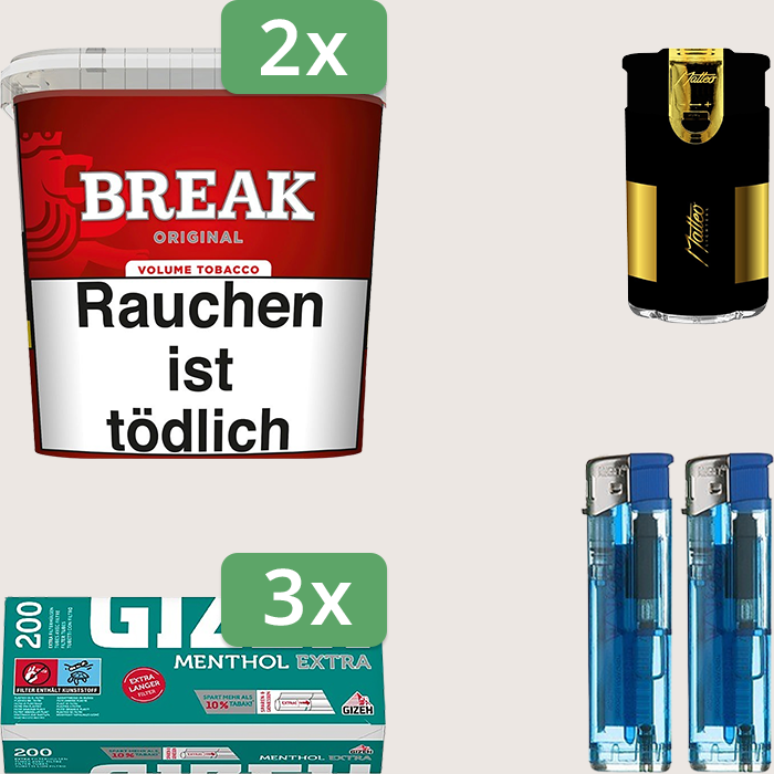 Break Original 2 x 185 g Sparpaket mit 600 Gizeh Menthol Extra Hülsen und Feuerzeugset