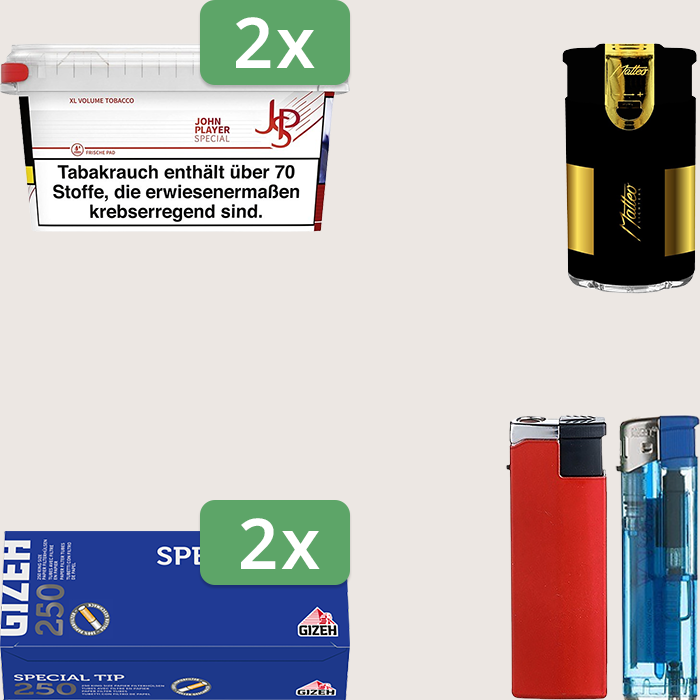 JPS Red 2 x 105 g Sparpaket mit 500 Gizeh Special Tip Hülsen und Feuerzeugset