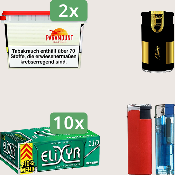 Paramount 2 x 230 g Sparpaket mit 1.110 Elixyr Energy+ Menthol Hülsen und Feuerzeugset