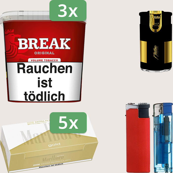 Break Original 3 x 185 g Sparpaket mit 1.250 Marlboro Gold Extra Hülsen und Feuerzeugset